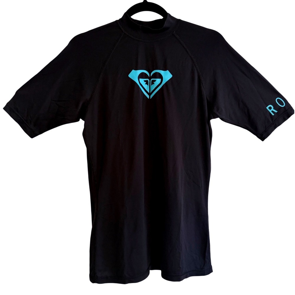 Y2K Roxy Rash Guard Sz 16 Large Black Turquoise Short Sleeve Surfwear Swim Top
